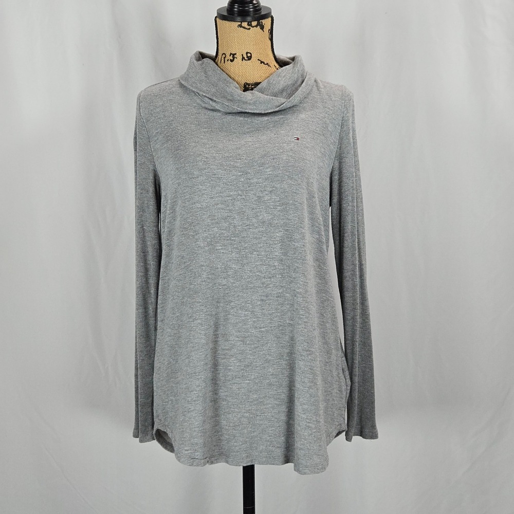Tommy Hilfiger Womens Gray Cowl Neck Long Sleeve Top Size L Soft Knit Minimalist